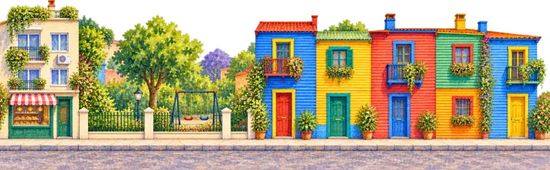 The painted bus street in Buenos Aires, with La Boca's coloured house fronts behind.