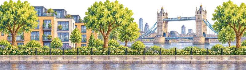 The painted bus street in London, with Tower Bridge behind.