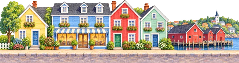 The painted bus street in Lunenburg, with bright wooden waterfront houses behind.