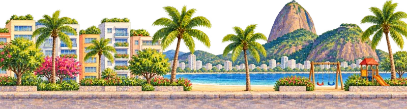 The painted bus street in Rio de Janeiro, with Sugarloaf above the beachfront behind.