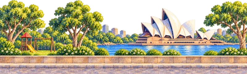 The painted bus street in Sydney, with the Opera House sails behind.