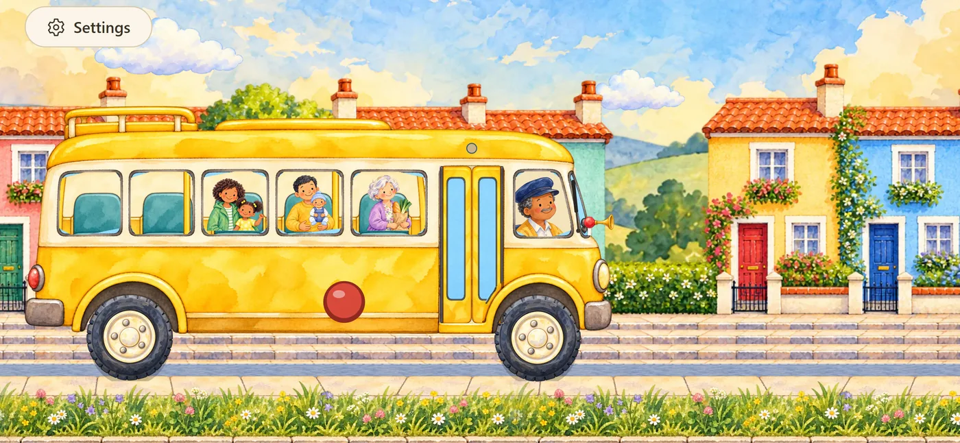 The bus leaving Home Street for Tokyo with Grandma, Dad and the baby, and Mom and the girl in their windows, the wheels verse playing.