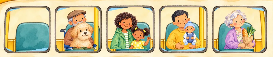 The windows of the bus with four groups aboard: Grandpa and the dog, Mom and the girl, Dad and the baby, and Grandma.