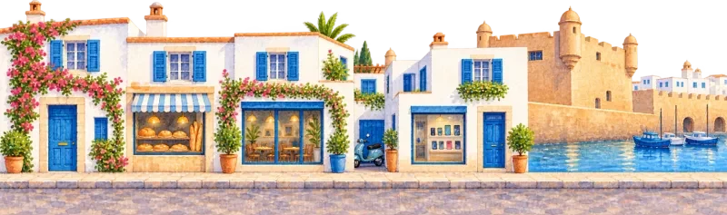 The street in Essaouira, with blue shutters beneath the harbour ramparts