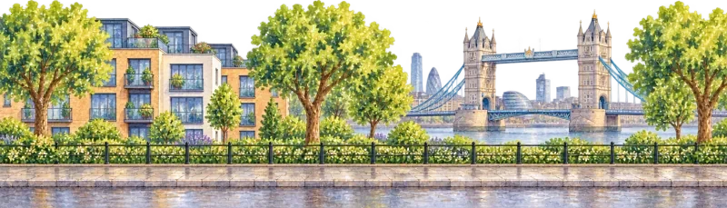 The street in London, with Tower Bridge