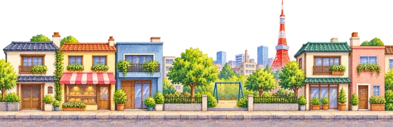 The street in Tokyo, with Tokyo Tower above the street
