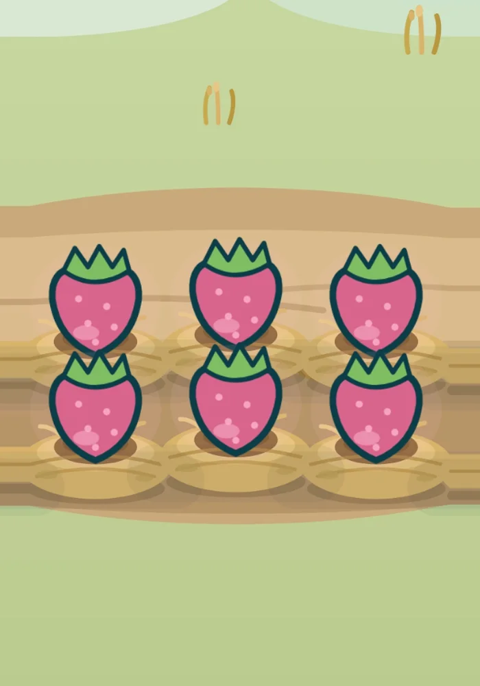 Count together: six strawberries in two rows in the strawberry patch