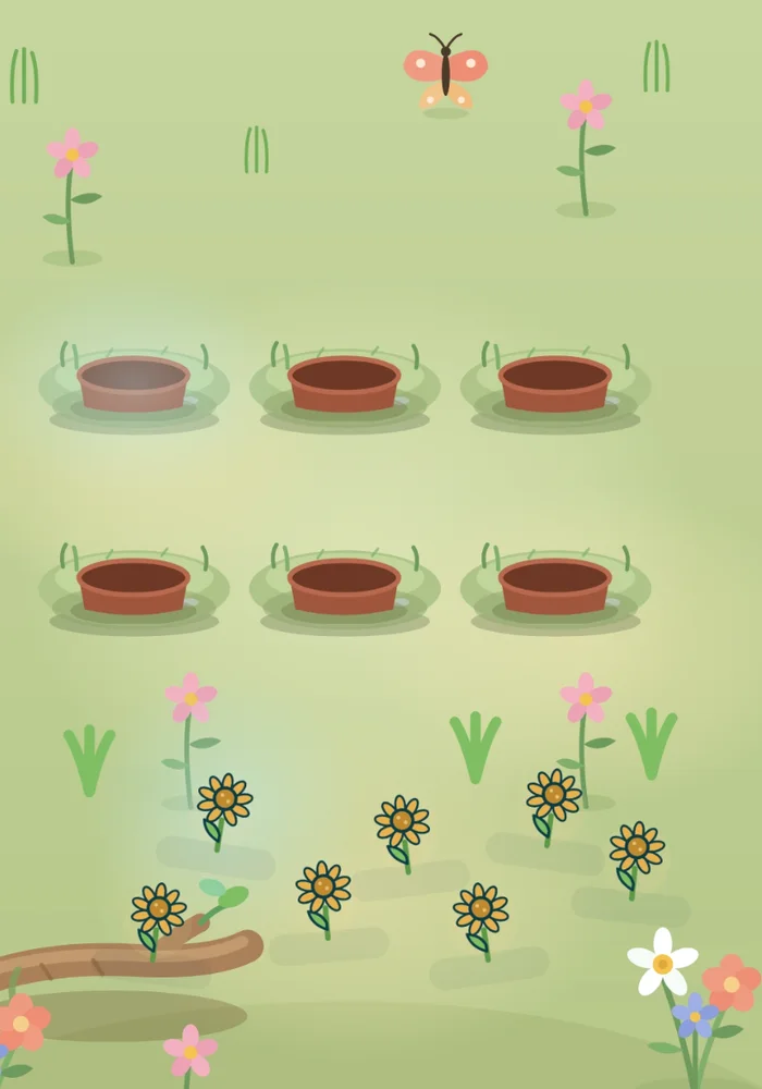 One for each: six pots in the meadow, one thing for every pot
