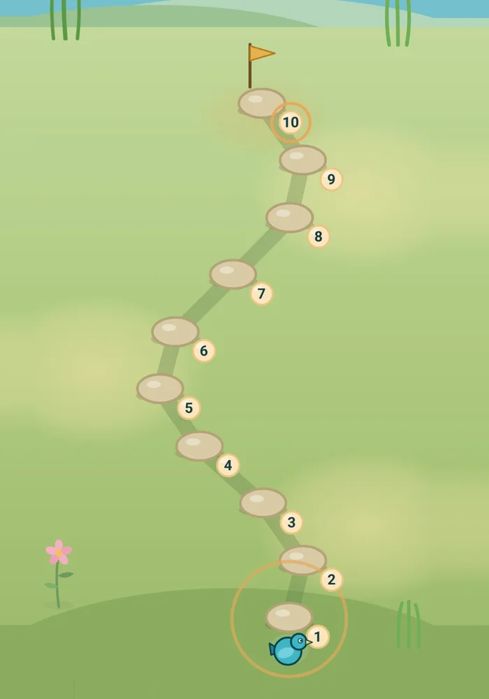 Step to ten: numbered stepping stones from one to ten, climbing to the flag at the top