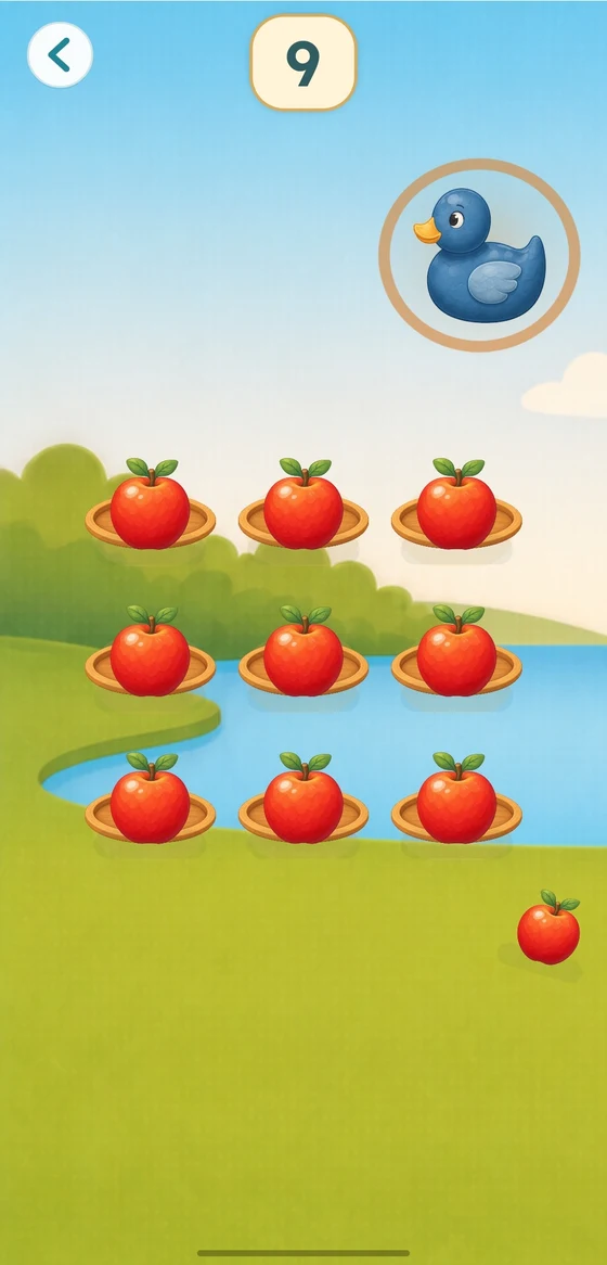 Nine apples on dishes with one more apple waiting to be added