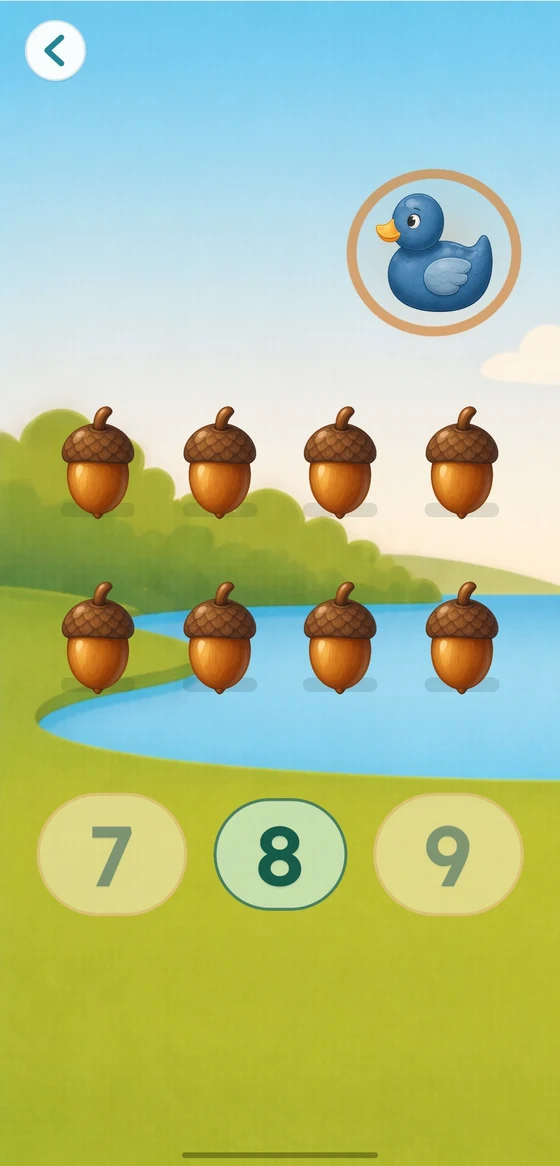 Eight acorns above three large choices: 7, 8, and 9