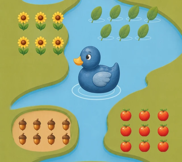 The duck and its wake in blue water by day, between the sunflower, acorn and apple banks