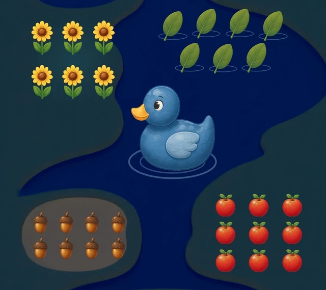 The same duck and banks in the pond's deep-blue night palette