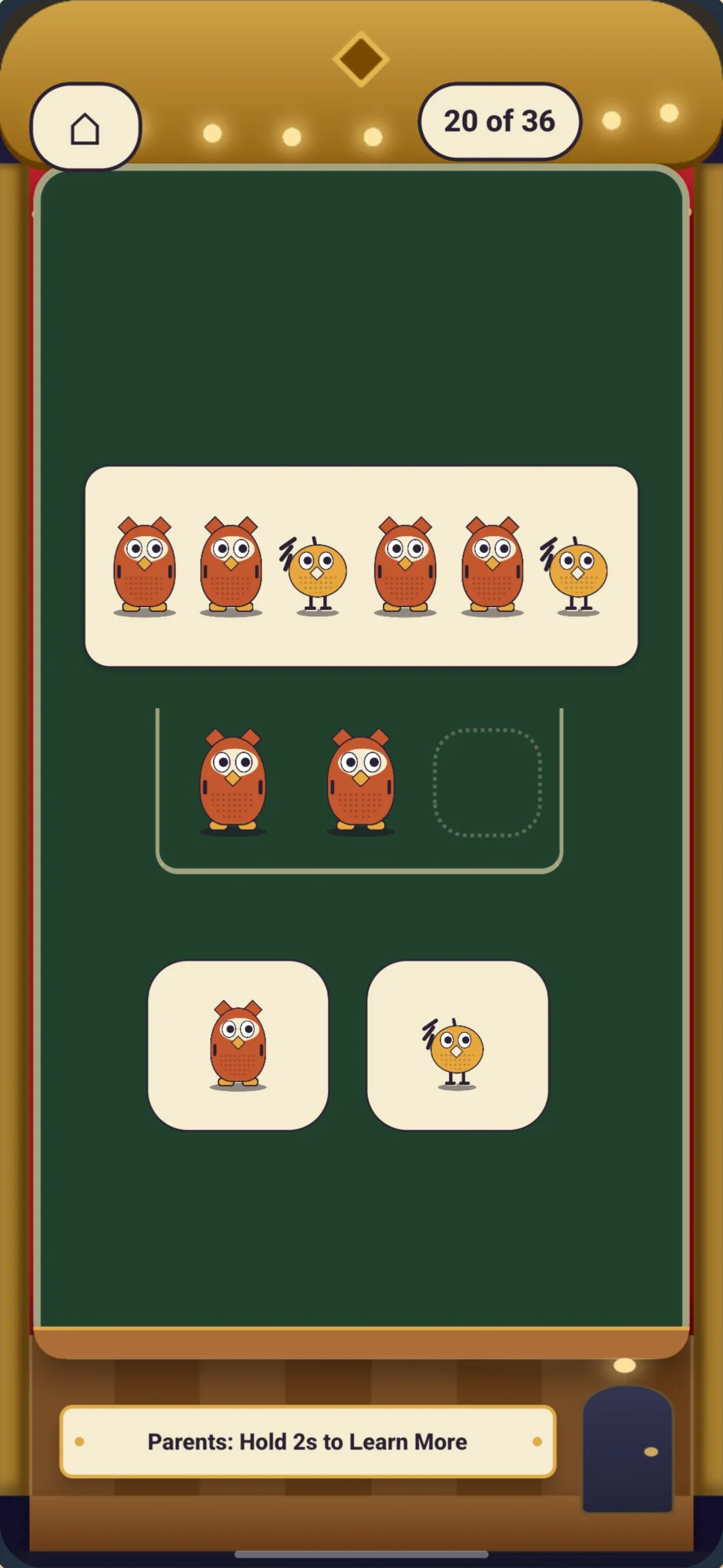 A Their First Patterns round in progress: a repeating line of owl performers on the theater stage, with one empty spot and two choices below