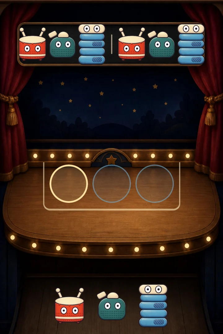 A Copy round in the wooden theater: a drum, teal block, and blue stack repeat above three open places, with all three performers waiting below