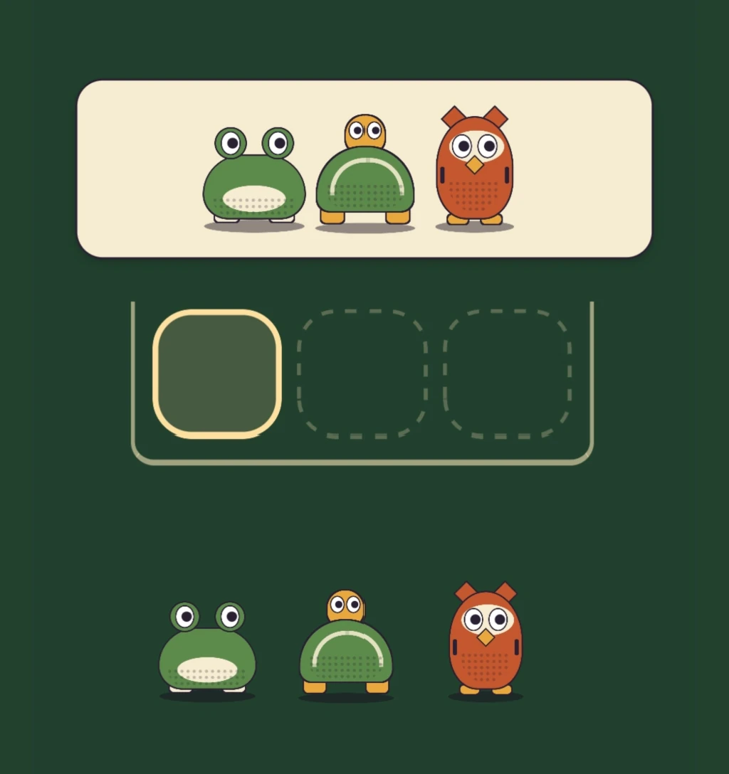 A Copy round: a finished line of a frog, a turtle and an owl shown above three empty spots, with the same three performers waiting below to be placed
