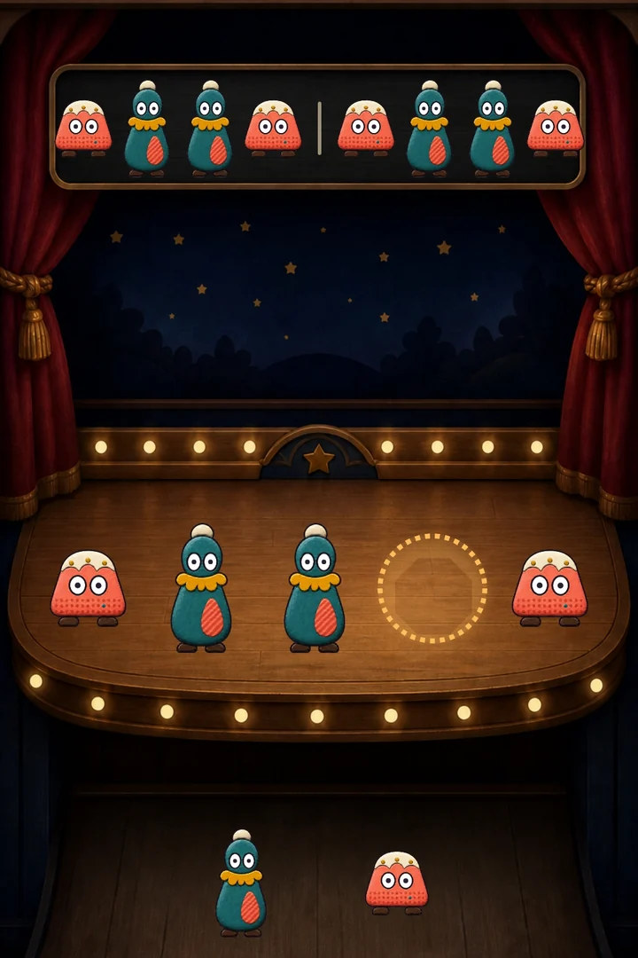 A Fill round in the wooden theater: the full pattern stays visible above while one internal stage place is open and two performers wait below