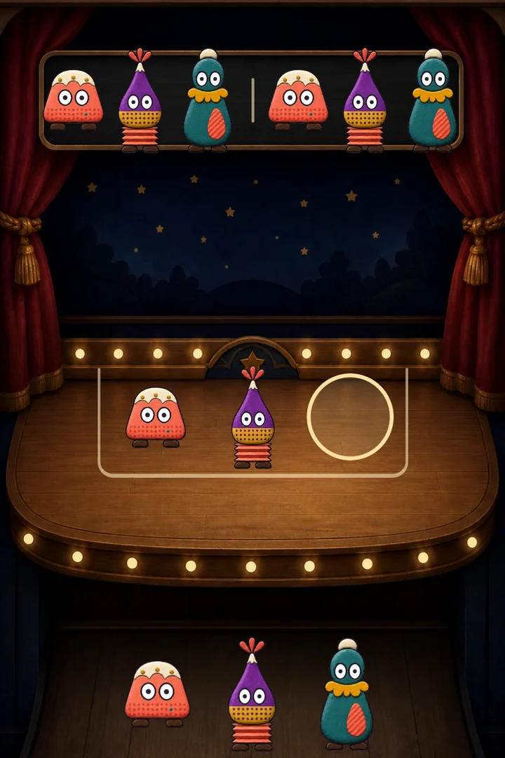 A Finish round in the wooden theater: coral, purple, and teal performers repeat above two placed performers and one open place