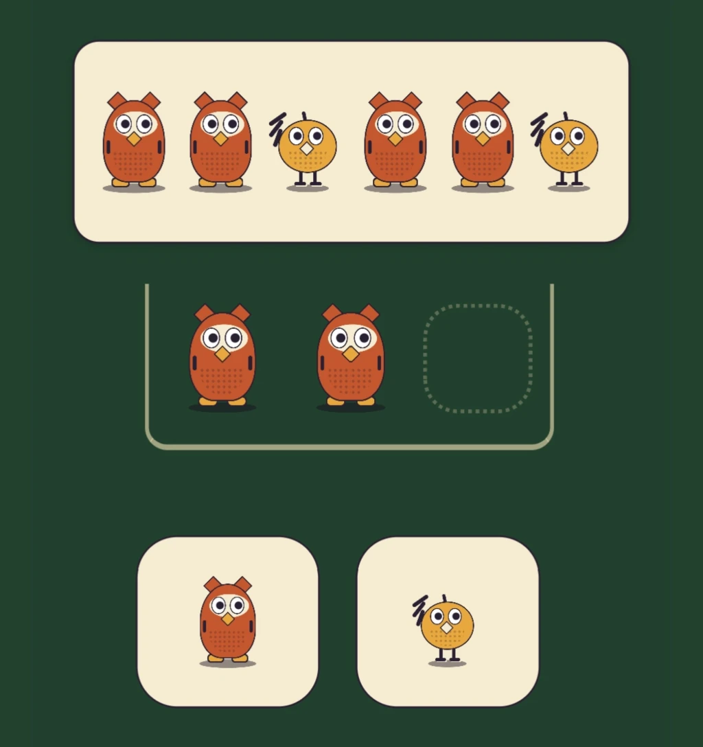 A Finish round: a repeating owl, owl, chick line shown above; below it two owls are placed and the next spot is empty, with an owl and a chick to choose from
