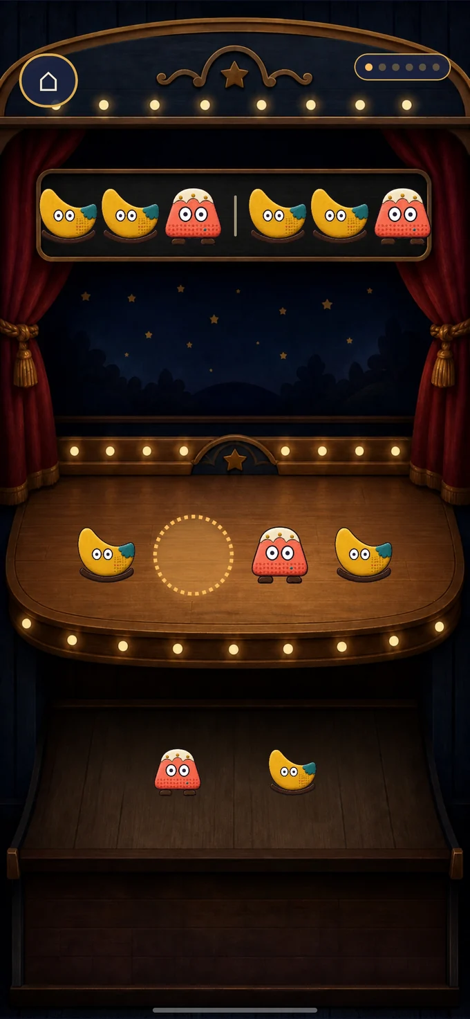 A quiet theater round: yellow rockers and a coral performer surround one open place, with two clear choices below