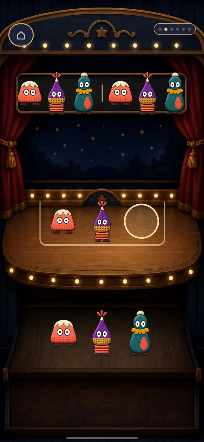 A Finish round in the wooden theater: coral, purple, and teal performers repeat above the stage while one open place waits beside two placed performers and three clear choices