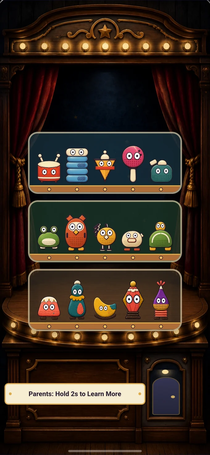 The app's Home screen: three theater boxes hold five current performers each above the parent plaque and small blue door