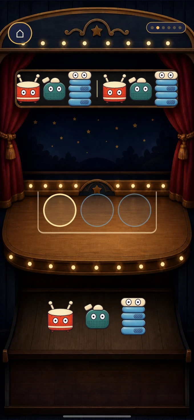 A Copy round with the Toy Cabinet: a drum, teal block, and blue stack repeat above three open stage places, with all three choices below