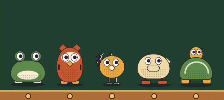 The Penny Menagerie troupe on its stage shelf: a frog, an owl, a little bird, a dumpling, and a turtle