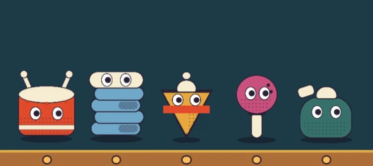 The Toy Cabinet troupe on its stage shelf: a drum, a stack of cushions, a spinning top, a lollipop, and a green pouf — each with friendly eyes