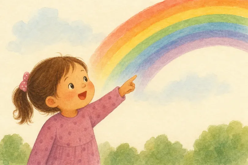 Illustrated phrase card: There's a rainbow!
