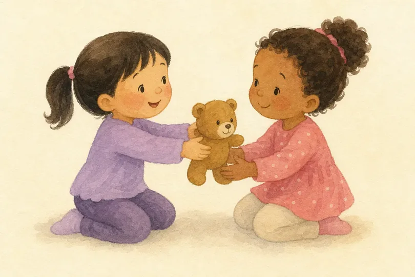 Illustrated phrase card: We can share it.