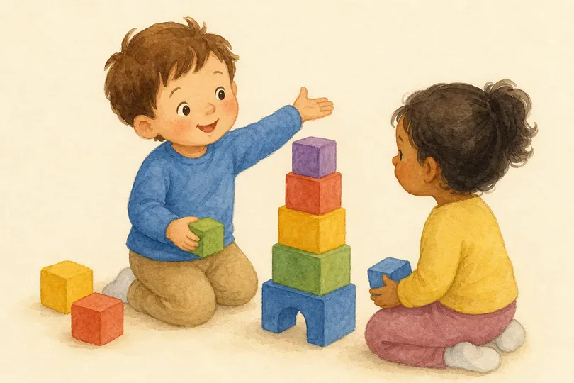 Illustrated phrase card: Let's build a tower.