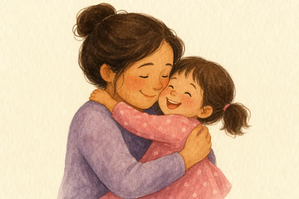 A watercolor illustration of a mother and child hugging, from the phrase card You make me happy