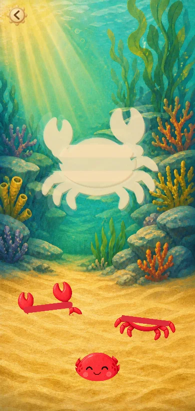 Three chunky red crab pieces waiting below a crab-shaped puzzle space