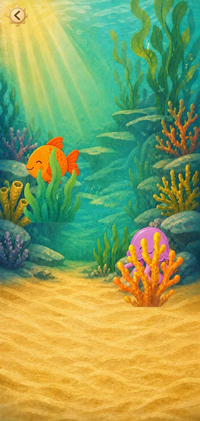 A bright orange fish peeking from the plants in an underwater scene