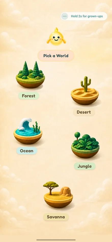 The Their First Puzzles world picker with Luna and five detailed island worlds: Forest, Desert, Ocean, Jungle and Savanna