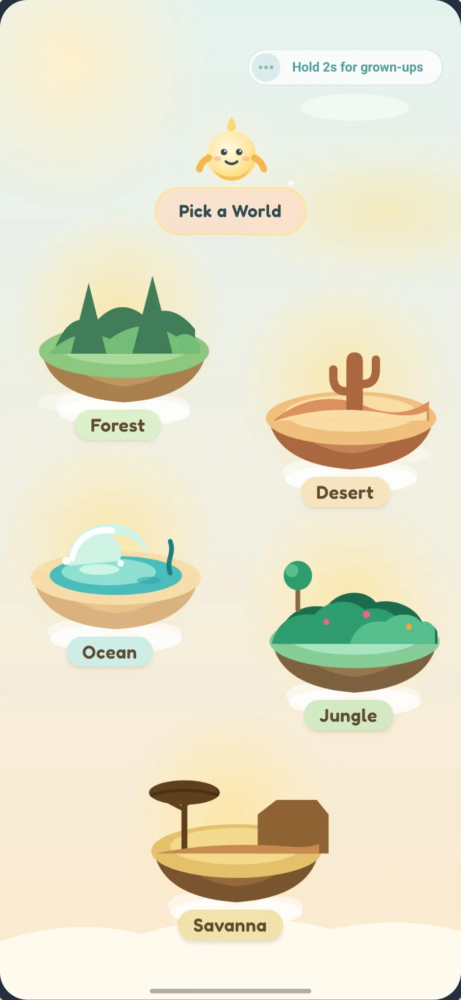 The Their First Puzzles world picker: five floating island worlds — Forest, Desert, Ocean, Jungle, and Savanna