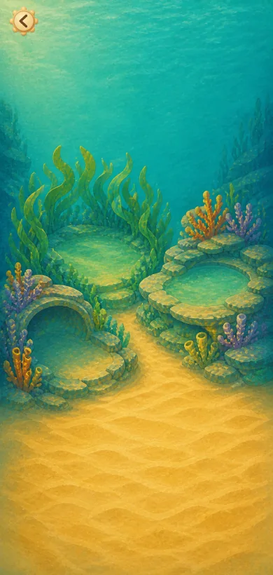 The ocean map before play, with empty coral, kelp and sandy homes