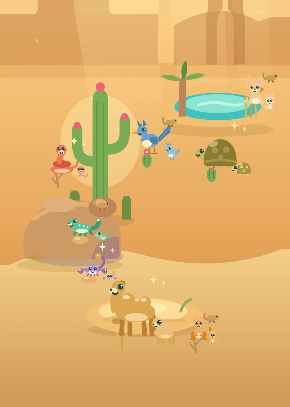 A desert filled with animals: a camel resting in a sandy hollow, a tortoise, lizards on a rock, a snake and a roadrunner beside a flowering cactus, and little foxes at the water