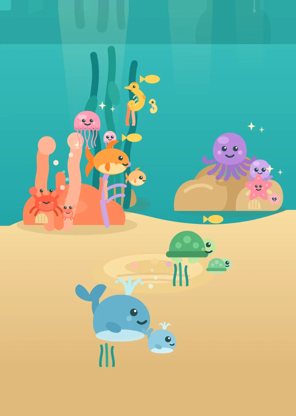 An ocean filled with sea creatures: a whale and its calf on the sand, two green turtles, a crab and a jellyfish by the coral, seahorses, and a purple octopus with a starfish