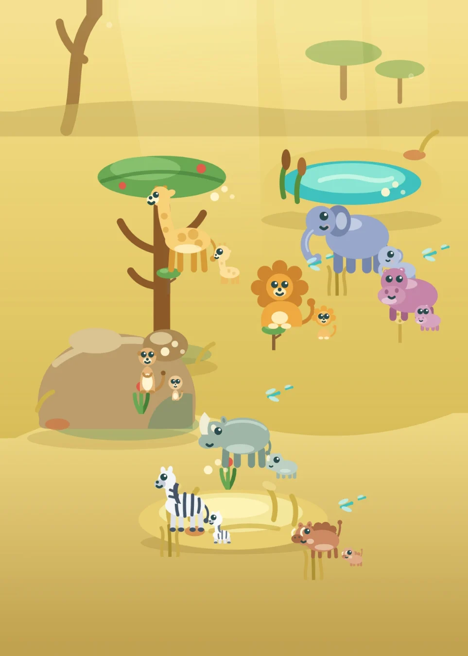 A savanna filled with animals: giraffes beside an acacia tree, an elephant and two hippos at the waterhole, meerkats on a rock, a rhino, a zebra and a warthog