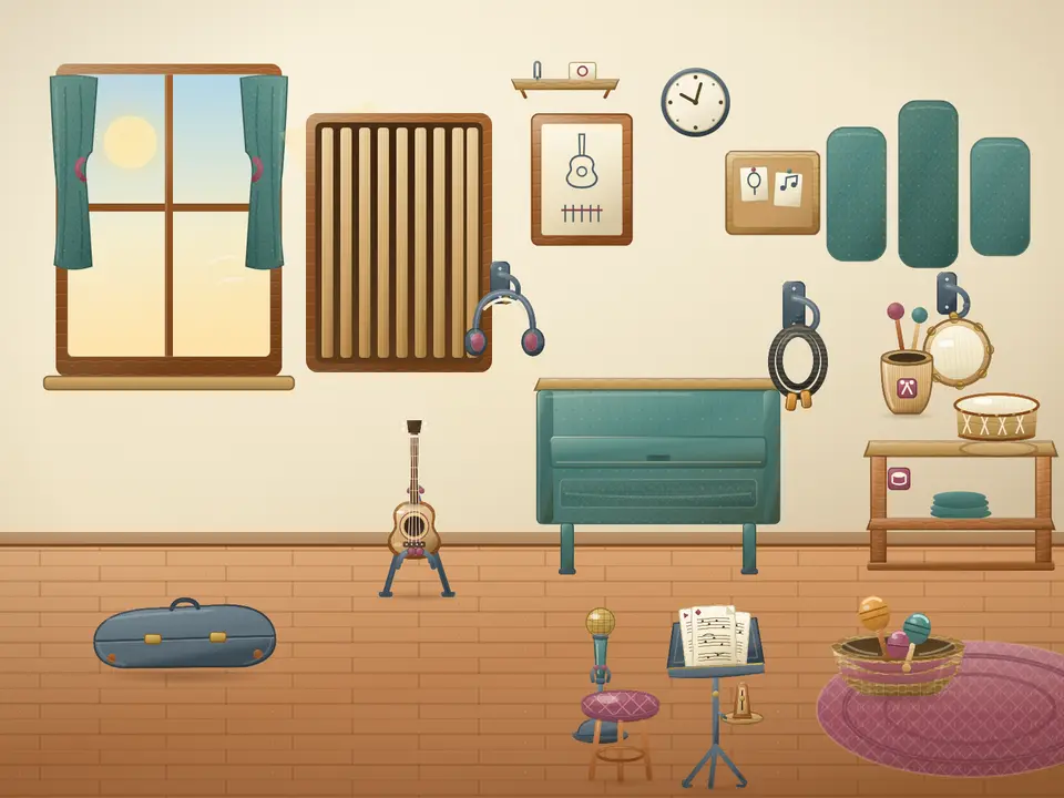 A music room in Their First Tidy with the instruments, stands, and songbooks all back where they live