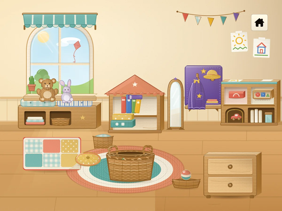 A warm playroom with the toys, books and blankets all back in their baskets and shelves