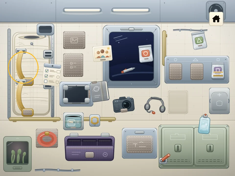 A space-station cabin with everyday belongings floating out of place