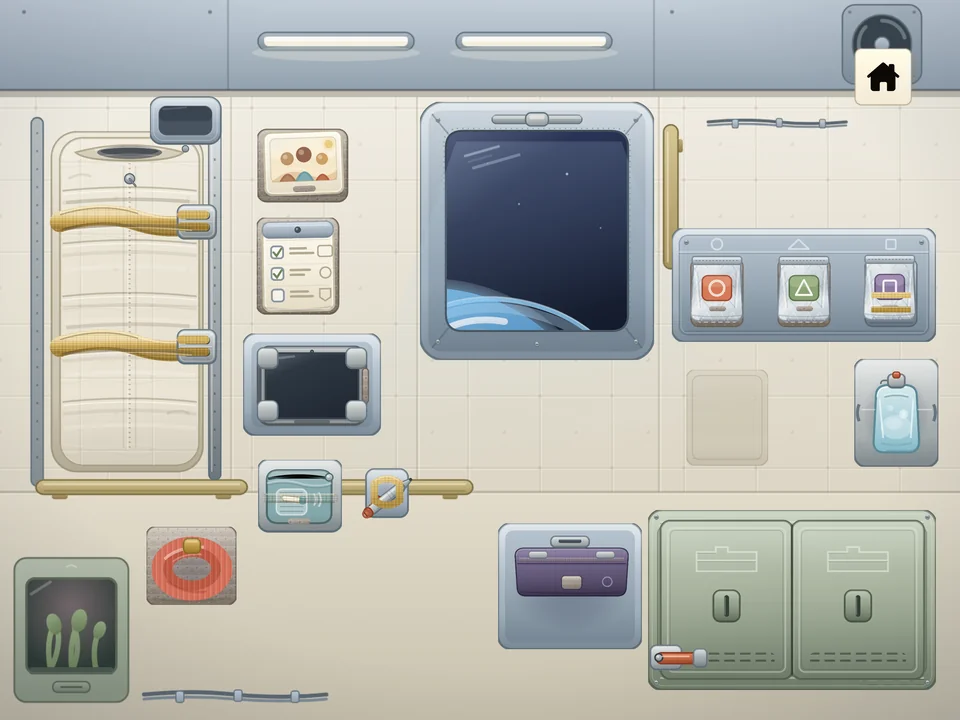 Everyday belongings secured to docks, straps, and patches beside a deep-space window