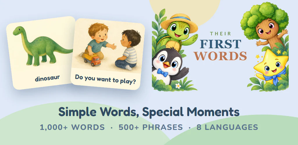 Their First Words vocabulary and phrase cards with the app’s turtle, penguin, tree, and star characters